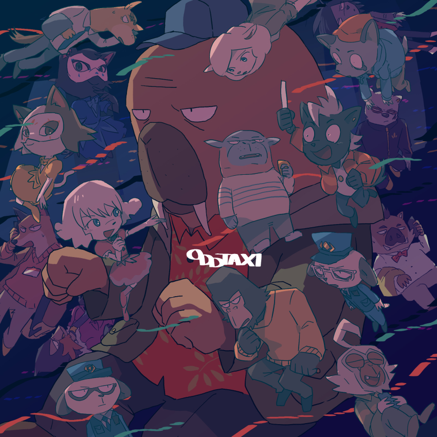 4girls, abry_take, animal, ape, baba_atsuya, baseball_cap, black_eyes, blue_eyes, cat, character_request, check_character, commentary, daimon_kenshirou, daimon_koushirou, dobu_(odd_taxi), dog, dog_girl, furry, furry_female, furry_male, giraffe, glasses, gorilla, gouriki_ayumu, hat, highres, hoshizuki_shin, ichimura_shiho, idol, imai_shun, kabasawa_taichi, kakihana_eiji, koshianpancake, long_sleeves, mask, mask_on_head, mitsuya_yuki, multiple_boys, multiple_girls, nagashima_satoshi, nikaidou_rui, odd_taxi, odokawa_hiroshi, open_mouth, police, police_uniform, print_shirt, red_shirt, sekiguchi_(odd_taxi), shibagaki_kensuke, shirakawa_(odd_taxi), shirakawa_miho, shirt, short_hair, short_sleeves, smile, sweater, wadagaki_sakura, walrus, yamamoto_fuyuki, yano_(odd_taxi)