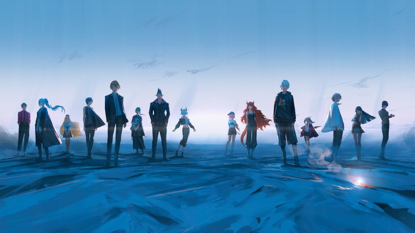 1other, 6+boys, 6+girls, absurdres, ahoge, bare_shoulders, baseball_cap, belt