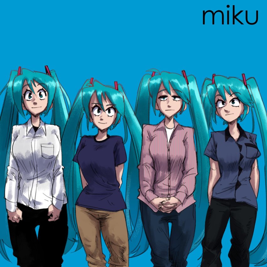 4girls, album_cover_redraw, aqua_eyes, aqua_hair, arms_behind_back, black_pants, black_shirt, blue_background, breasts, brian_bell, brian_bell_(cosplay), brown_pants, closed_mouth, collared_shirt, commentary, cosplay, derivative_work, feet_out_of_frame, gingrjoke, hair_ornament, hatsune_miku, highres, large_breasts, long_hair, long_sleeves, looking_at_viewer, matt_sharp, matt_sharp_(cosplay), multiple_girls, own_hands_together, pants, parody, patrick_wilson, patrick_wilson_(cosplay), rivers_cuomo, rivers_cuomo_(cosplay), shirt, short_sleeves, simple_background, smile, striped_clothes, striped_shirt, twintails, undershirt, vertical-striped_clothes, vertical-striped_shirt, very_long_hair, vocaloid, weezer_(album), weezer_(band), weezer_(blue_album), white_shirt