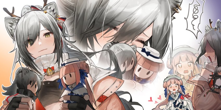 2girls, absurdres, animal_ears, arknights, bandeau, bell, black_bandeau, black_gloves