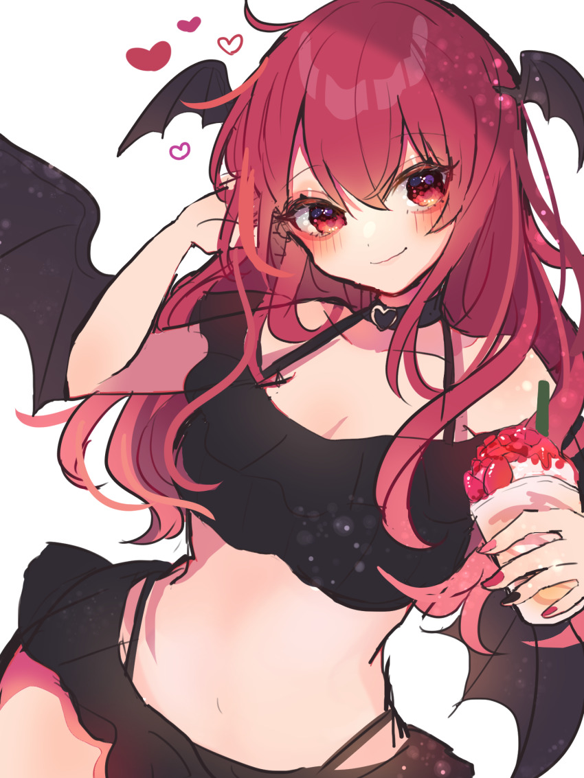1girl, alternate_costume, bare_shoulders, bikini, black_bikini, black_choker, breasts, chikuwa_(tikuwaumai_), choker, cleavage, closed_mouth, collarbone, commentary_request, crop_top, cup, drinking_straw, food, frappuccino, fruit, hair_between_eyes, hand_in_own_hair, hand_up, head_wings, heart, heart_choker, highres, holding, holding_cup, koakuma, large_breasts, long_hair, looking_at_viewer, multicolored_nails, nail_polish, no_navel, off-shoulder_bikini, off_shoulder, red_eyes, red_hair, simple_background, smile, solo, strawberry, swimsuit, touhou, upper_body, white_background, wings