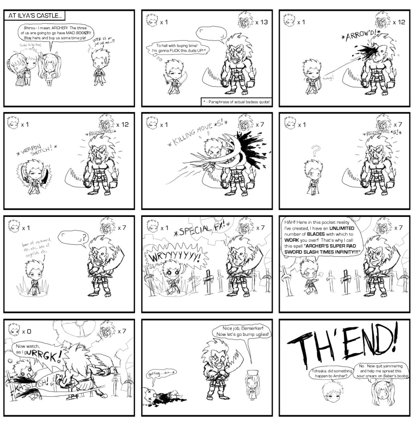 00s, 2girls, 3boys, 3girls, archer_(fate), artoria_pendragon_(fate), comic, dark-skinned_male, dark_skin, emiya_shirou, english_text, episode14, fate/stay_night, fate_(series), greyscale, hard-translated, heracles_(fate), highres, illyasviel_von_einzbern, monochrome, multiple_boys, multiple_girls, saber_(fate), spoilers, summary, third-party_edit, tohsaka_rin, velox, wryyyyyyyyyyyyyyyyyyyy