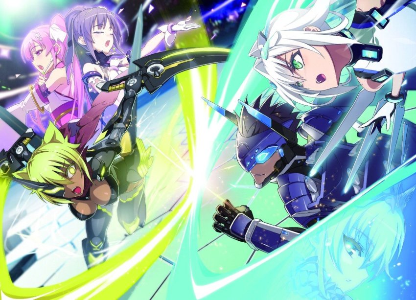 1boy, 5girls, bangle, bare_shoulders, battle, bent_over, black_legwear, blonde_hair