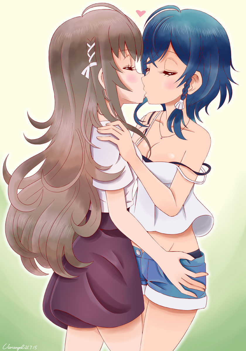 2girls, ahoge, artist_name, blouse, blue_hair, blush_stickers, breasts, brown_hair