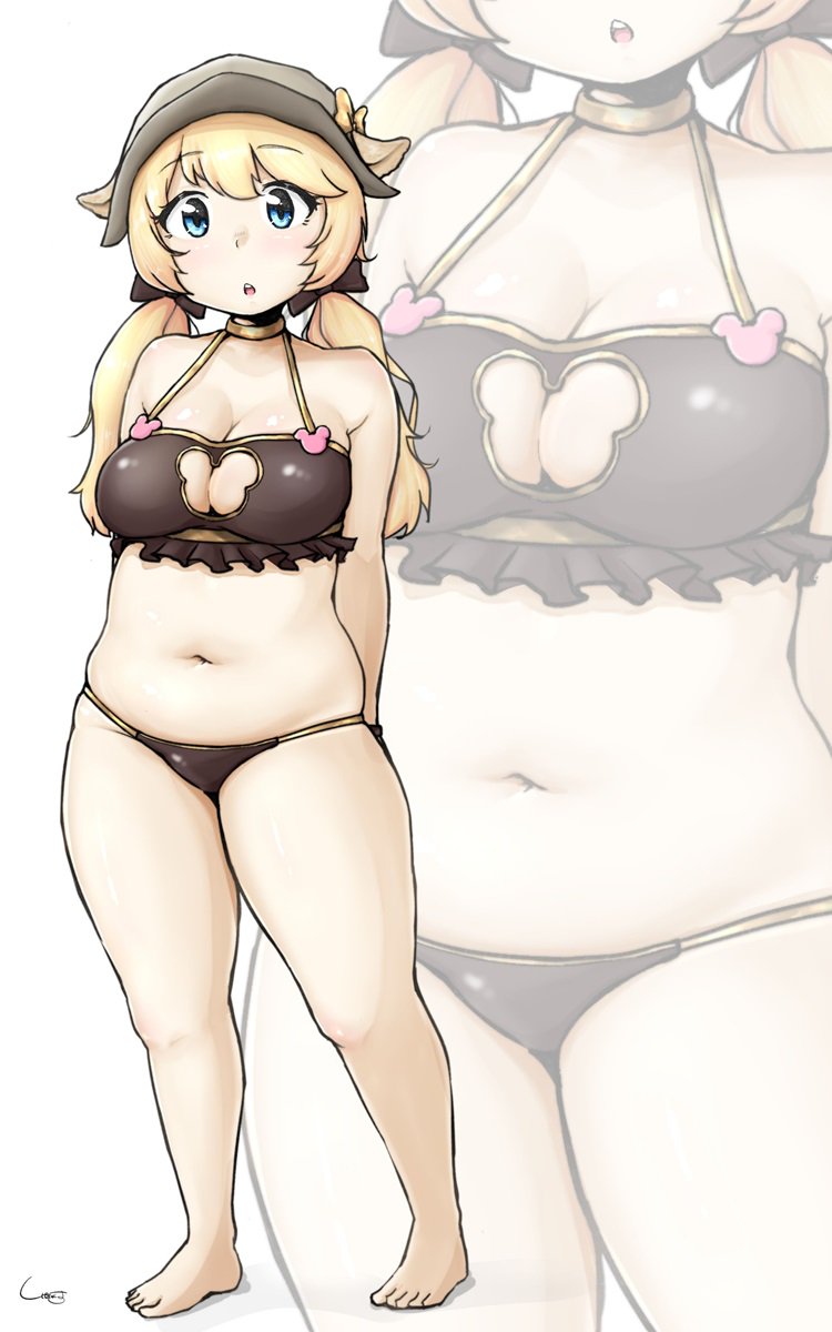 1girl, animal_ears, arms_behind_back, bikini, blonde_hair, blue_eyes, blush, breasts, brown_bikini, cleavage, cleavage_cutout, clothing_cutout, commentary_request, dot_nose, frills, full_body, hair_ornament, hat, head_tilt, highres, king's_raid, long_hair, looking_at_viewer, low-tied_long_hair, medium_breasts, multiple_views, navel, parted_lips, rodina_(king's_raid), shadow, shigekikkusu, signature, standing, string_bikini, swimsuit, tareme, thick_thighs, thighs, twintails