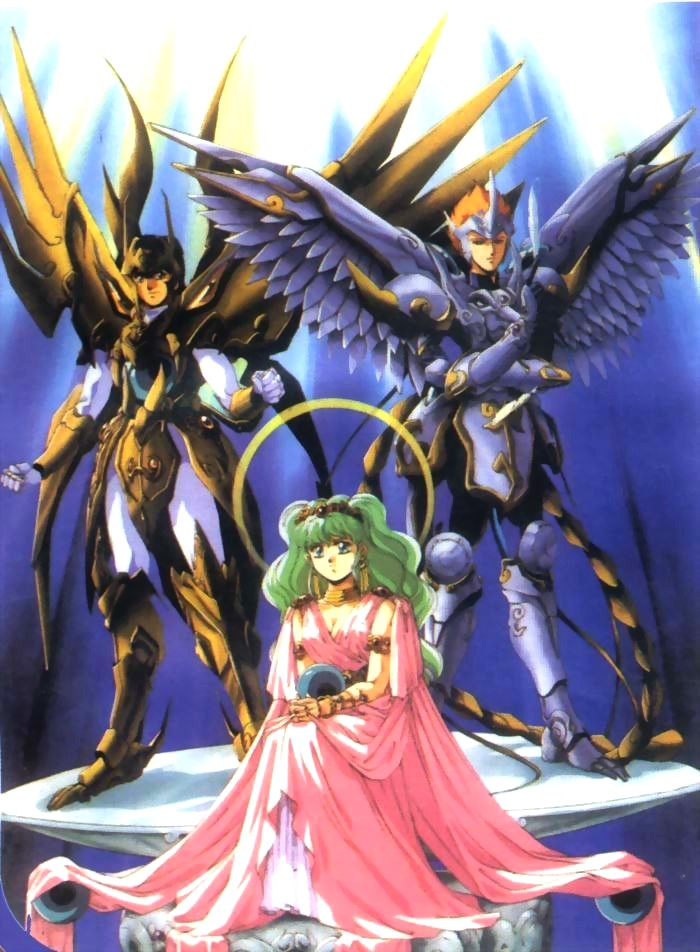 1girl, 2boys, armor, black_hair, blonde_hair, green_hair, hakeshi, karura-oh_reiga, long_hair, multiple_boys, short_hair, shura-oh_shurato, shurato, sitting, tenkuu_senki_shurato