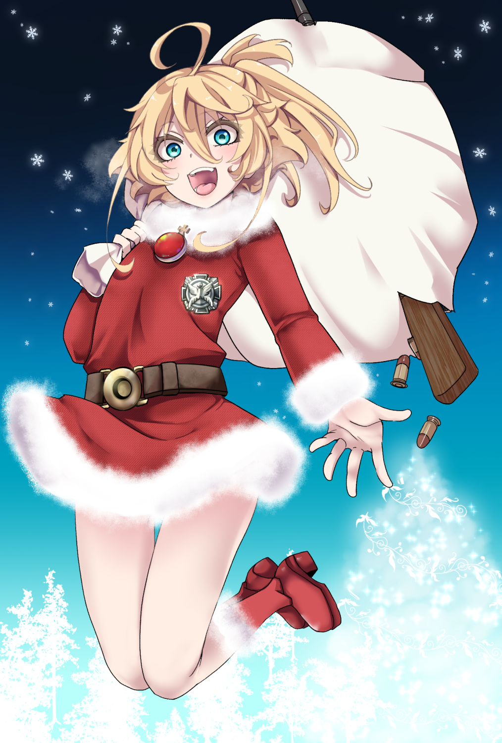 :d, blonde_hair, blue_eyes, boots, bullet, christmas, gun, hal_(goshujinomocha), highres, jumping, long_hair, medal, medallion, open_mouth, red_boots, sack, santa_boots, santa_costume, smile, snow, tanya_degurechaff, thighs, torn_bag, weapon, winter, youjo_senki