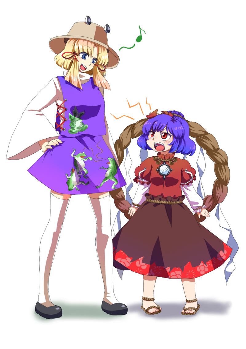 2girls, aged_down, aged_up, anklet, bad_id, bad_pixiv_id, blonde_hair, blue_eyes, blue_hair, female_focus, frog, hair_ribbon, hat, jewelry, mizu_mochi, moriya_suwako, multiple_girls, red_eyes, ribbon, role_reversal, sandals, shoes, short_hair, thighhighs, time_paradox, touhou, white_thighhighs, yasaka_kanako, zettai_ryouiki
