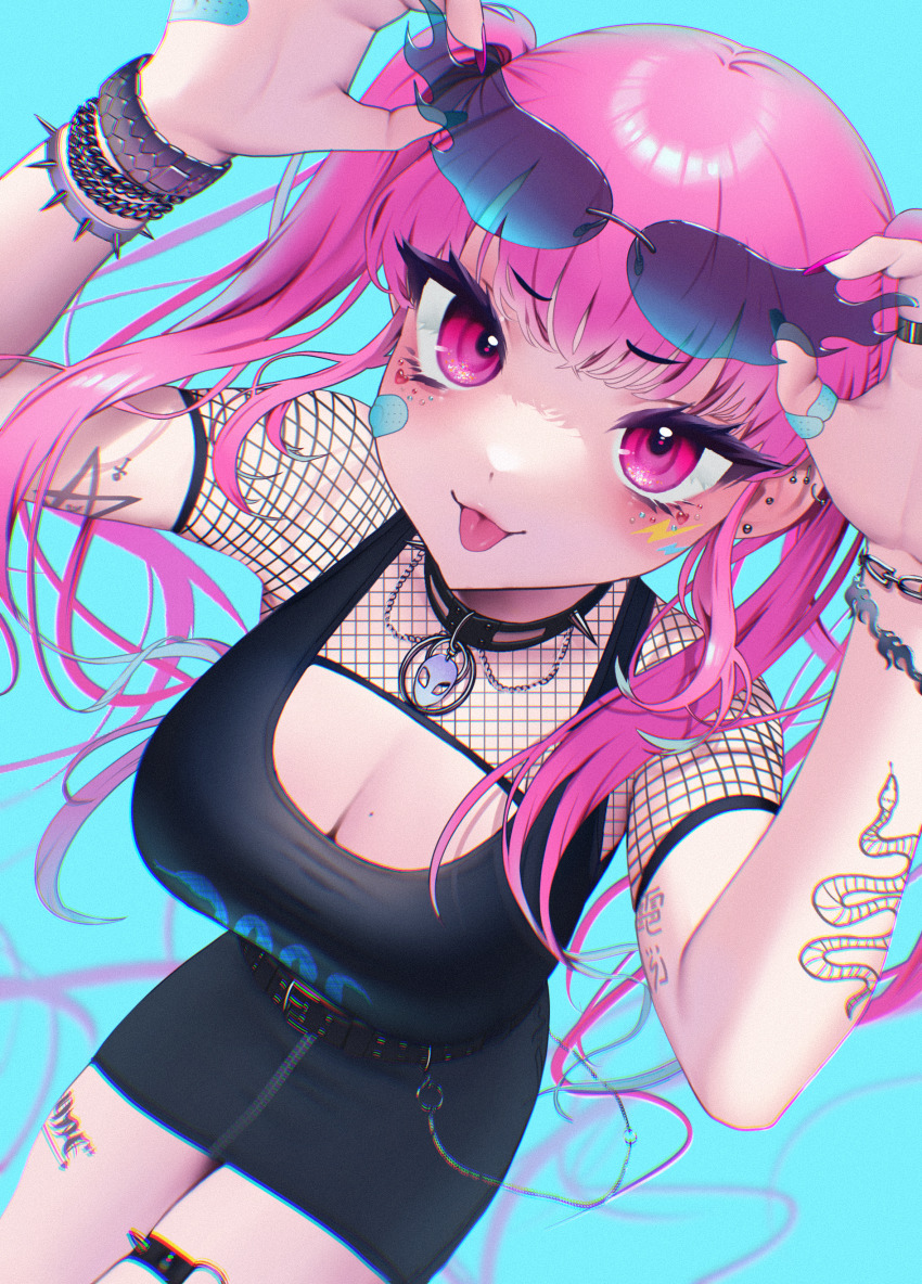 1girl, absurdres, alien, bandaid, belt, bitaro, blue_background, bracelet, breasts, choker, cleavage, crossed_bangs, ear_piercing, earrings, fishnets, from_above, goth_fashion, gyaru, highres, holding, holding_removed_eyewear, huge_filesize, jewelry, kogal, large_breasts, long_eyelashes, long_hair, looking_at_viewer, mole, mole_on_breast, original, piercing, pink_eyes, pink_hair, rokku_gyaru, short_eyebrows, shrug_(clothing), simple_background, snake, solo, spiked_bracelet, spiked_choker, spikes, sports_bra, sunglasses, tattoo, thigh_strap, tinted_eyewear, tongue, tongue_out, twintails, unworn_eyewear, zipper