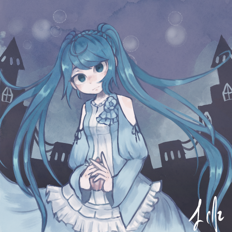 1girl, :|, aqua_eyes, aqua_hair, artist_name, bare_shoulders, blue_dress, building
