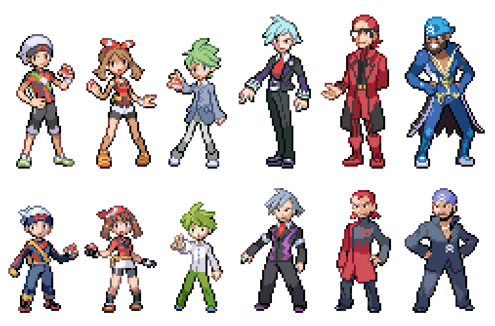 1girl, 5boys, archie_(pokemon), backpack, bag, bandana, beanie, beard, bike_shorts, black_jacket, black_pants, black_shirt, blue_hair, boots, bow_hairband, brendan_(pokemon), brown_hair, coat, commentary, dual_persona, english_commentary, facial_hair, glasses, green_bag, green_hair, green_pants, hairband, hand_on_own_hip, hands_on_own_hips, hat, holding, holding_poke_ball, hyo_oppa, jacket, legs_apart, long_sleeves, maxie_(pokemon), may_(pokemon), multiple_boys, nintendo, open_clothes, open_coat, pants, pigeon-toed, pixel_art, poke_ball, pokemon, pokemon_omega_ruby_and_alpha_sapphire, pokemon_ruby/sapphire/emerald, red_footwear, red_hair, shirt, shoes, short_hair, short_sleeves, shorts, skirt, sleeveless, sleeveless_shirt, socks, standing, steven_stone, wally_(pokemon), white_headwear, white_shirt, white_shorts, white_skirt