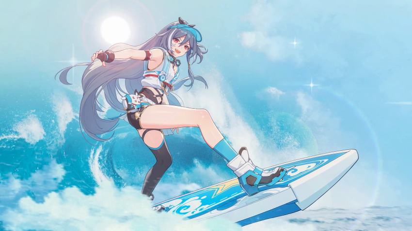 1girl, :d, absurdres, asymmetrical_legwear, bird, black_gloves, black_thighhighs, blue_hat