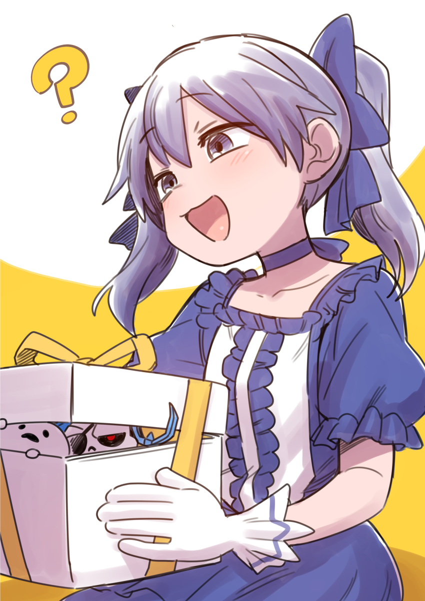 1girl, ?, absurdres, blue_dress, blue_eyes, box, collarbone, dress