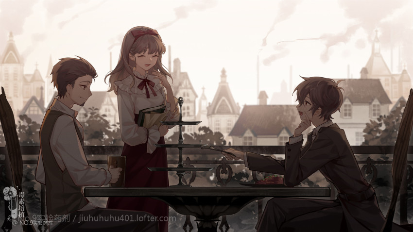 1girl, 2boys, beard, benson_moretti, book, brother_and_sister, brothers, brown_eyes