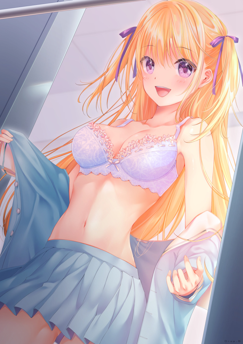 1girl, blonde_hair, blush, breasts, cleavage, collarbone, dressing, drop.b