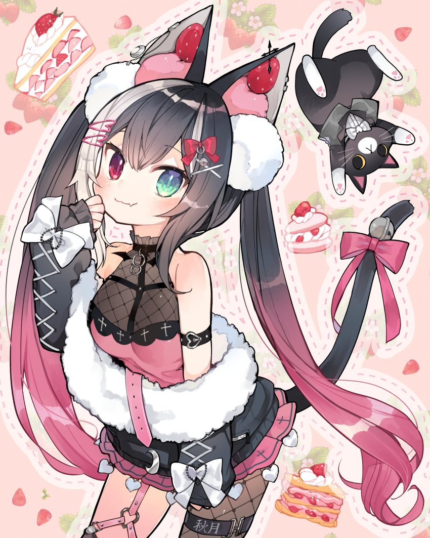 1girl, absurdres, animal_ears, asymmetrical_legwear, black_hair, black_legwear, cake, cake_slice
