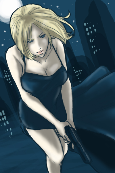 aya_brea, blonde_hair, blue_eyes, breasts, cleavage, dress, gun, long_hair