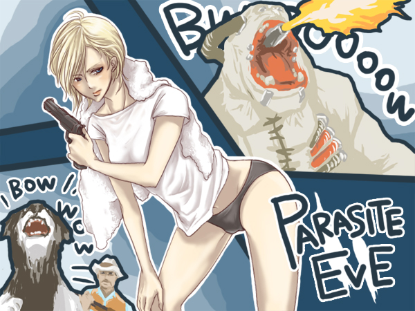 aya_brea, blonde_hair, blue_eyes, dog, fire, gun, monster, panties