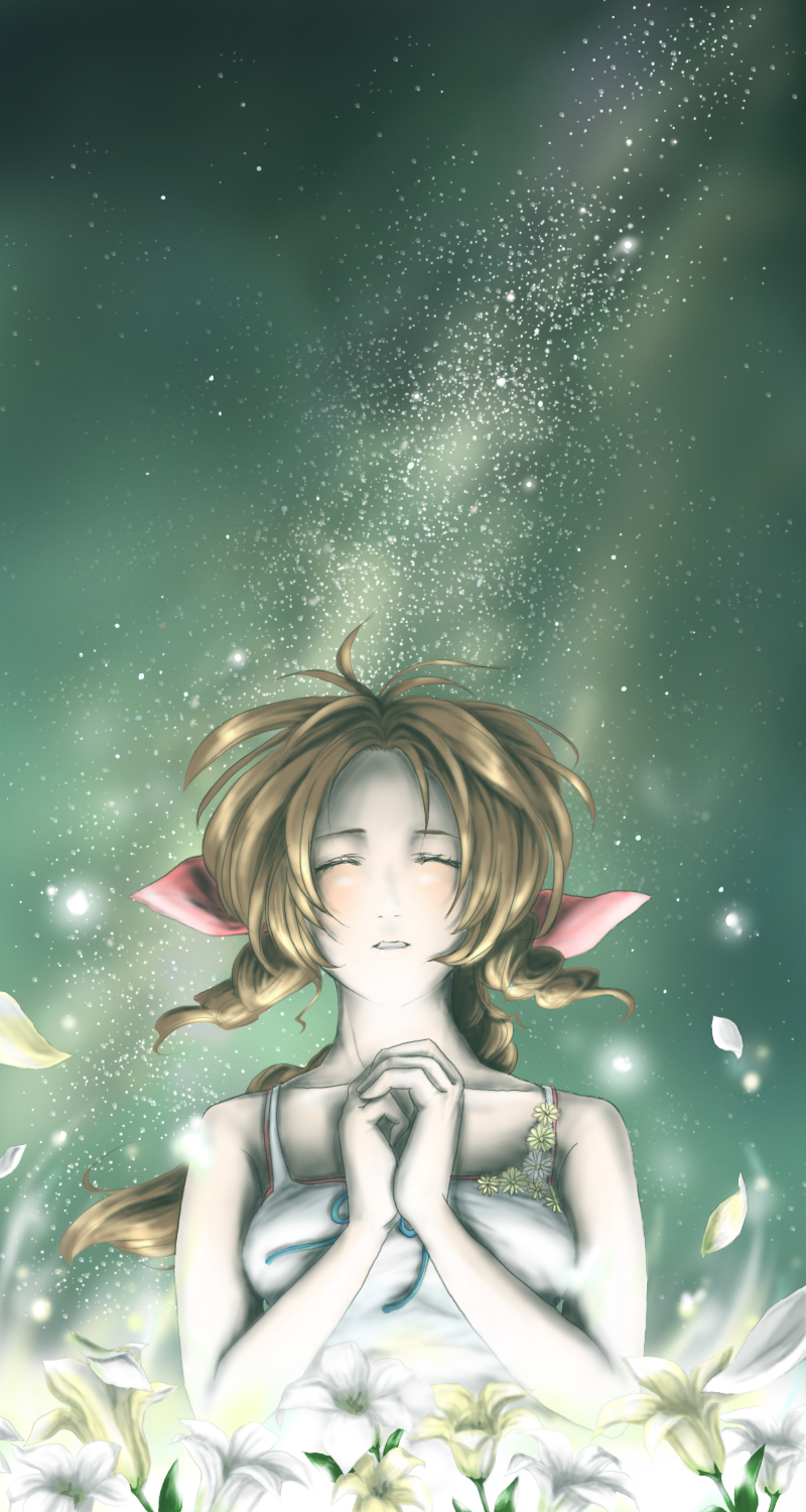 1990s_(style), aerith_gainsborough, blush, brown_hair, final_fantasy, final_fantasy_vii, flower, highres
