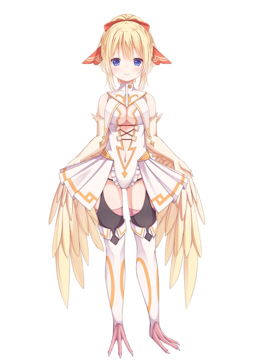 1girl, absurdres, animal_feet, bare_shoulders, bird_legs, black_thighhighs, blonde_hair, blue_eyes, blush, breast_cutouts, breasts, clothing_cutout, commentary, english_commentary, feathered_wings, feathers, hair_ribbon, harpy, highres, indie_virtual_youtuber, kulori, leotard, lucastre_mavia, medium_breasts, monster_girl, navel, navel_cutout, pink_thighhighs, pleated_skirt, red_ribbon, ribbon, second-party_source, simple_background, skirt, sleeveless, solo, tachi-e, talons, thighhighs, virtual_youtuber, white_background, white_leotard, white_skirt, white_thighhighs, winged_arms, wings, yellow_feathers, yellow_wings