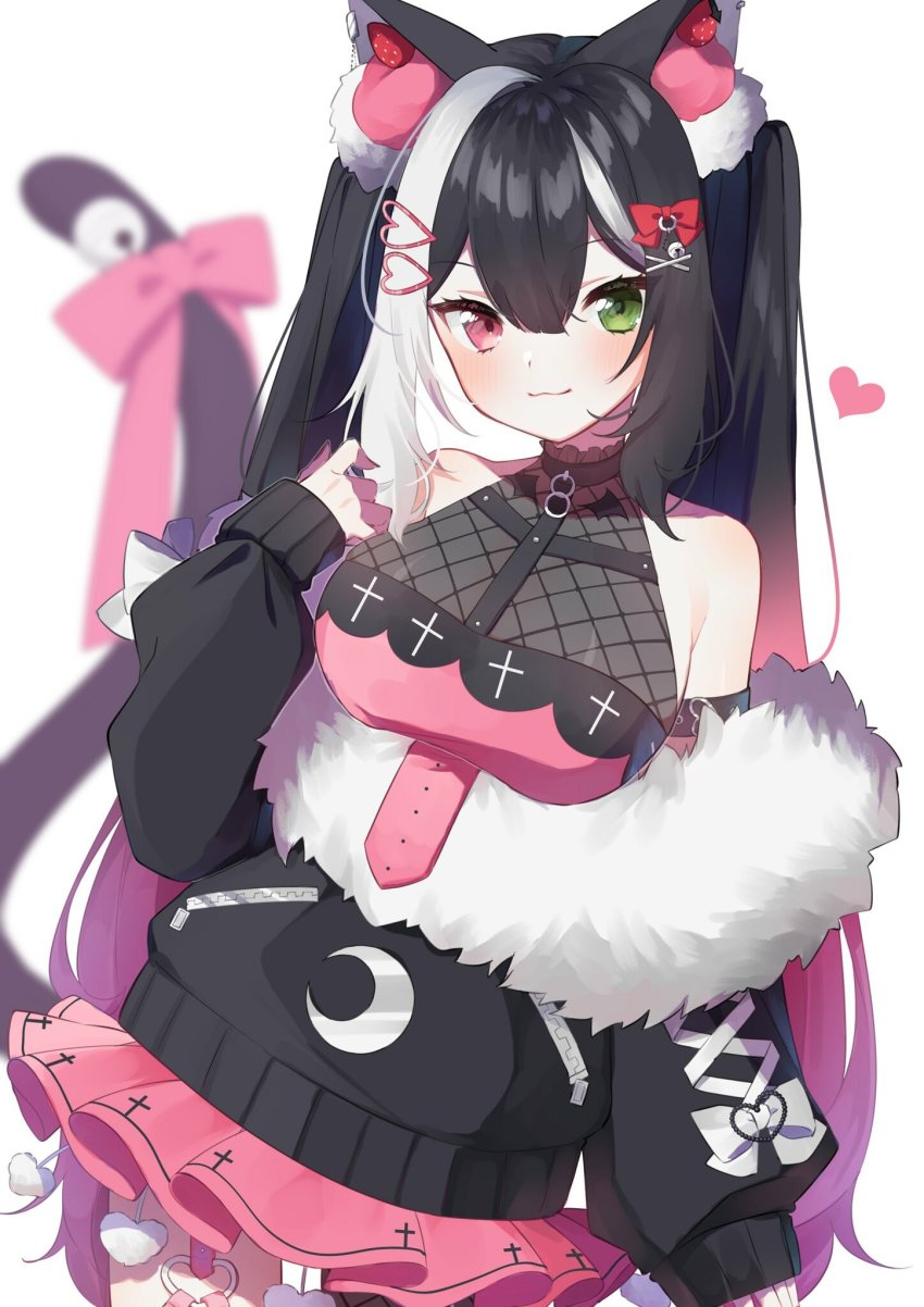 1girl, animal_ears, black_hair, closed_mouth, colored_tips, commission, green_eyes, hair_ornament
