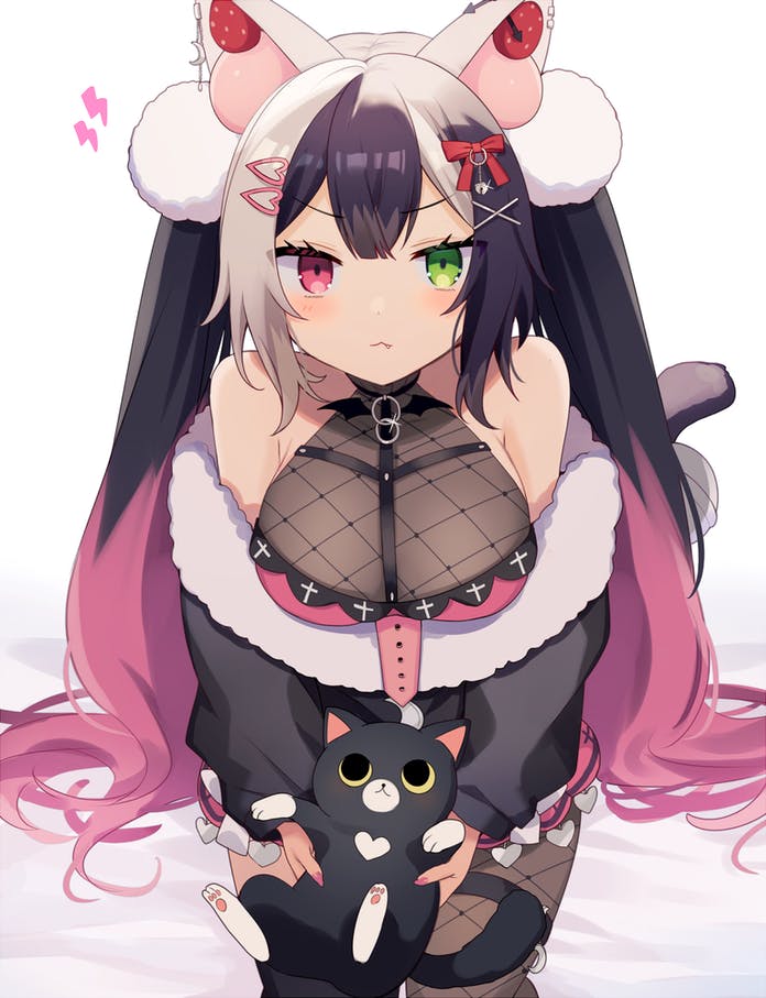 1girl, animal_ears, black_hair, cat, colored_tips, commission, green_eyes, hair_ornament