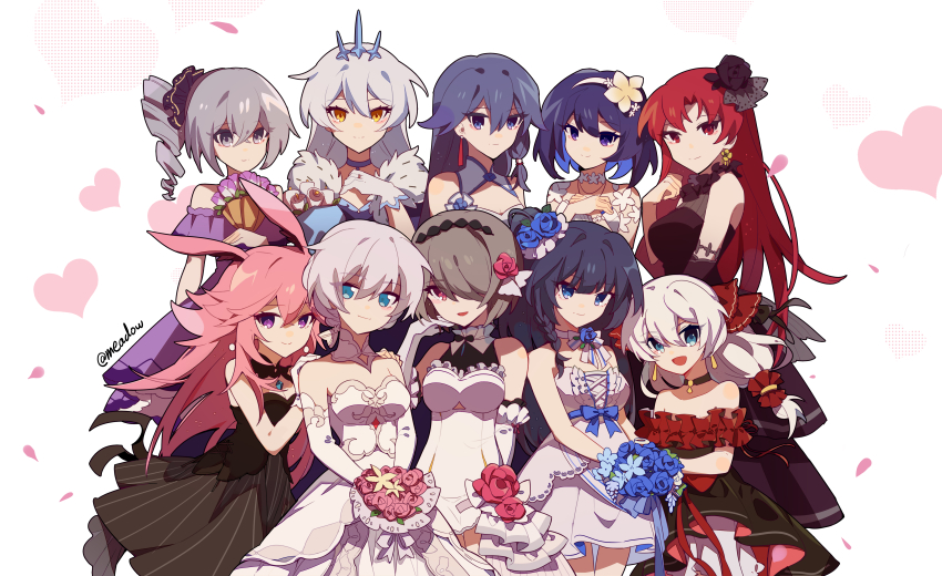 6+girls, :d, absurdres, alternate_eye_color, animal_ears, bare_shoulders, black_dress, black_gloves