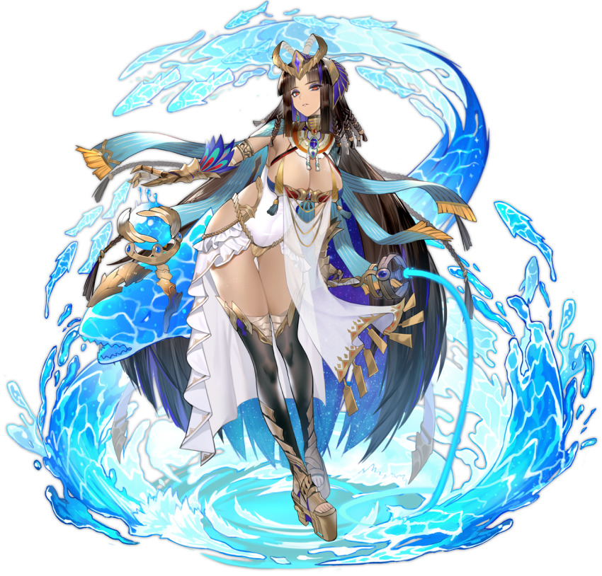 1girl, ancient_egyptian_clothes, anuket_(ark_order), ark_order, armlet, bandaged_leg, bandages, black_hair, black_thighhighs, blue_cape, blue_eyeshadow, breasts, cape, clothing_cutout, dark-skinned_female, dark_skin, dress, earrings, eyeshadow, fish, gauntlets, headdress, highres, holding, holding_staff, jewelry, large_breasts, long_hair, looking_at_viewer, makeup, official_art, orb, platform_footwear, shark, side_cutout, solo, staff, tachi-e, thighhighs, transparent_background, very_long_hair, water, white_dress