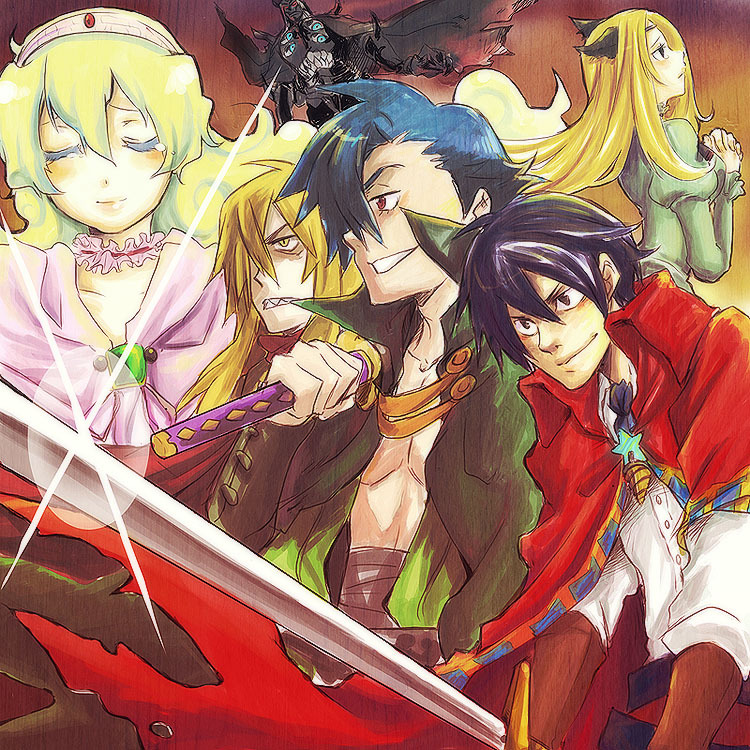 00s, 2girls, 3boys, blonde_hair, blue_hair, cape, drill, emily_hu