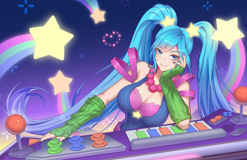 1girl, arcade_sona, arcade_stick, bead_necklace, beads, blue_eyes, blue_hair, breasts