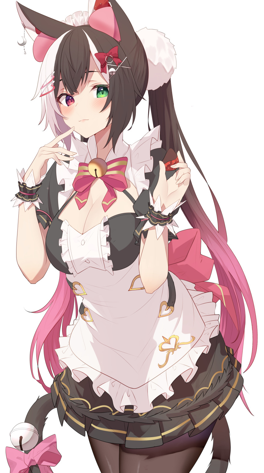 absurdres, animal_ears, bell, black_hair, black_legwear, breasts, cleavage, colored_tips