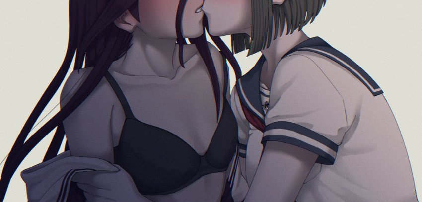 2girls, ahoge, bare_shoulders, black_bra, black_hair, bra, breasts, brown_hair, collarbone, commentary_request, danganronpa_(series), danganronpa_another_episode:_ultra_despair_girls, fukawa_toko, grey_background, hanatsuduki, head_out_of_frame, kiss, long_hair, multiple_girls, naegi_komaru, neckerchief, sailor_collar, school_uniform, serafuku, shirt, short_hair, short_sleeves, simple_background, small_breasts, teeth, underwear, undressing, upper_body, white_shirt, yuri