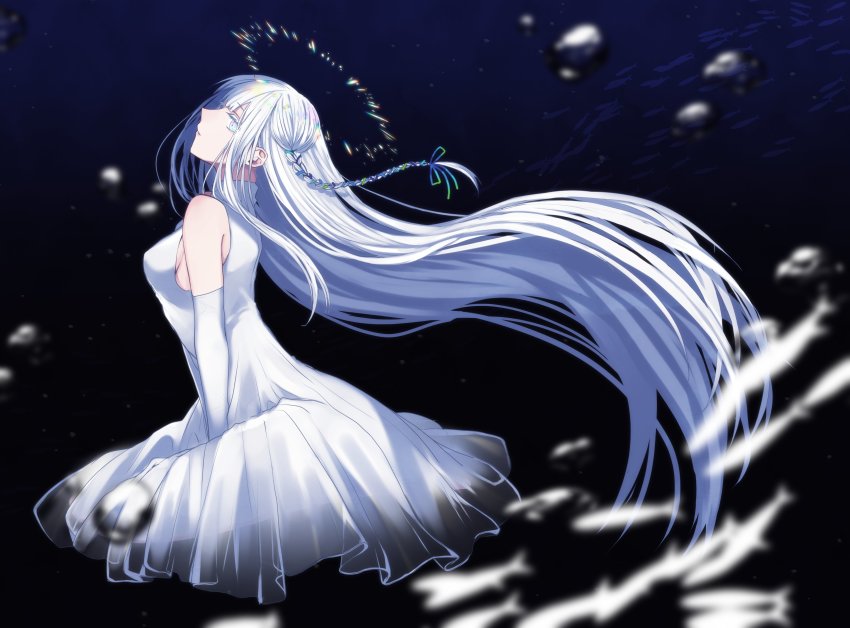 1girl, absurdres, air_bubble, alternate_costume, bare_shoulders, braid, breasts, bubble