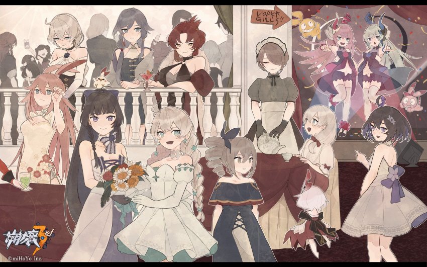 6+girls, :d, :o, absurdres, alcohol, animal_ears, antenna_hair, ballroom