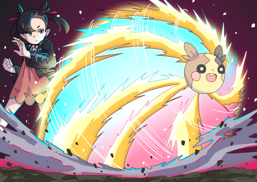 1girl, absurdres, asymmetrical_bangs, black_choker, black_hair, black_jacket, choker, choukyuu_haou_den'eidan, clenched_hand, closed_mouth, commentary_request, dress, earrings, eyelashes, gen_8_pokemon, hair_ribbon, hands_up, highres, hiva+, jacket, jewelry, legs_apart, long_sleeves, marnie_(pokemon), morpeko, morpeko_(full), nintendo, open_clothes, open_jacket, pink_dress, pokemon, pokemon_sword_and_shield, ribbon, smoke, standing