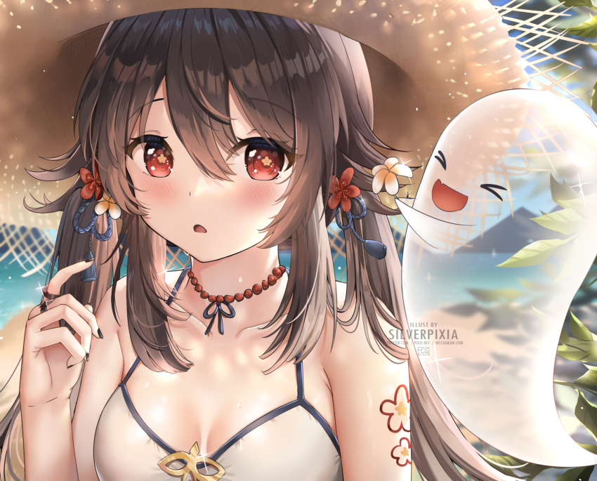 >_<, 1girl, :d, :o, arm_tattoo, artist_name, beach, bikini