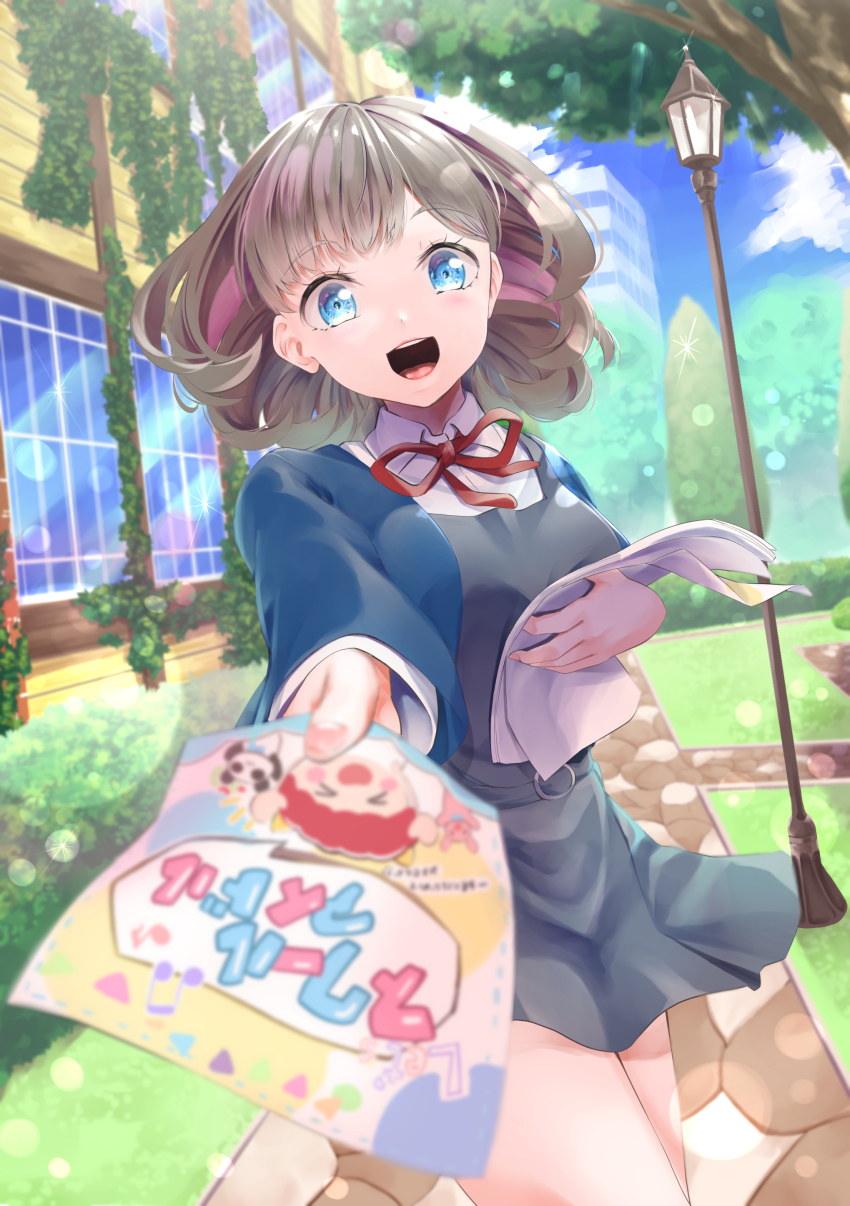 1girl, :d, absurdres, blue_eyes, blue_jacket, blue_sky, breasts, building