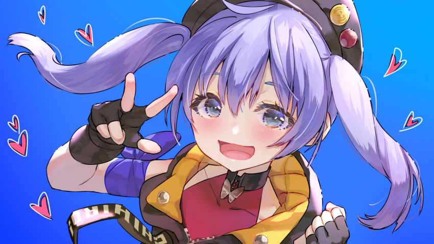 1girl, :d, arm_ribbon, black_gloves, black_hat, black_jacket, blue_background, blue_bow