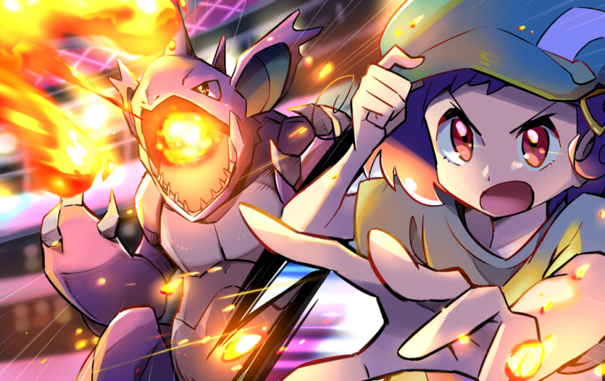 1girl, ayo_(ayosanri009), blossom_(pokemon), blurry, commentary_request, fire, fire_blast_(pokemon), gen_1_pokemon, green_headwear, green_shirt, hair_ornament, hairclip, hand_on_headwear, hands_up, hat, nidoking, nintendo, open_mouth, pokemon, pokemon_(anime), pokemon_(creature), poketoon, purple_hair, red_eyes, shirt, short_hair, short_sleeves, spread_fingers, stadium, tongue, v-shaped_eyebrows