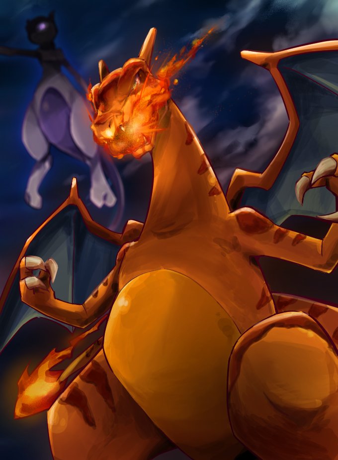 ayo_(ayosanri009), blurry, breath_weapon, breathing_fire, charizard, claws, cloud, commentary_request