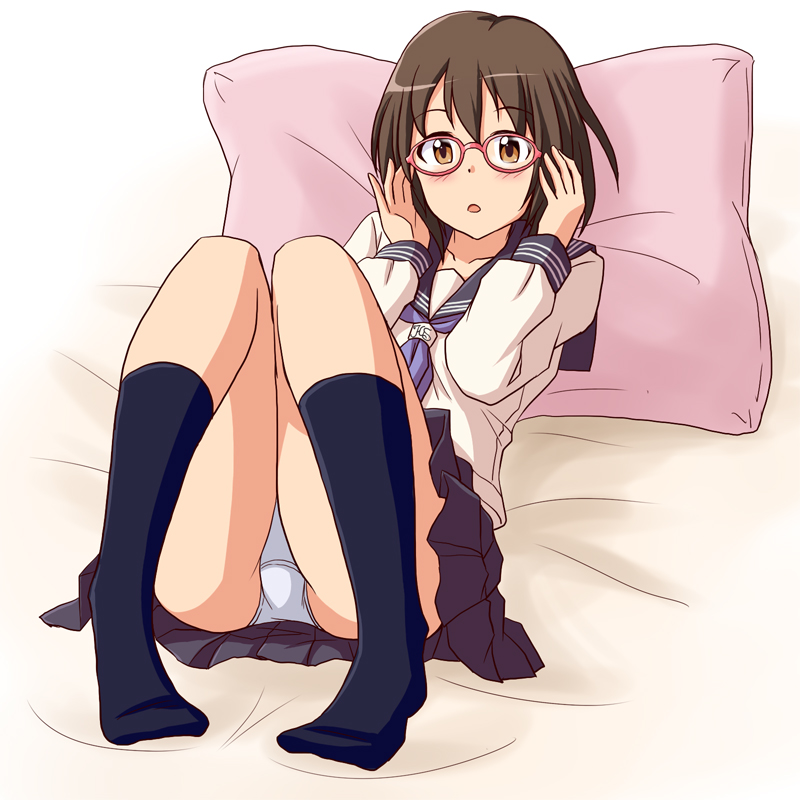 1girl, adjusting_eyewear, bed_sheet, black_sailor_collar, black_skirt, black_socks, blouse, blue_neckwear