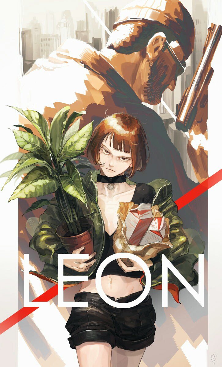 1boy, 1girl, beard, black_choker, brown_eyes, brown_hair, choker, facial_hair, glasses, green_jacket, gun, headwear_request, highres, holding, holding_gun, holding_weapon, jacket, leon_(leon_the_professional), leon_the_professional, mathilda_lando, oku_(2964_okn), short_hair, shorts, weapon