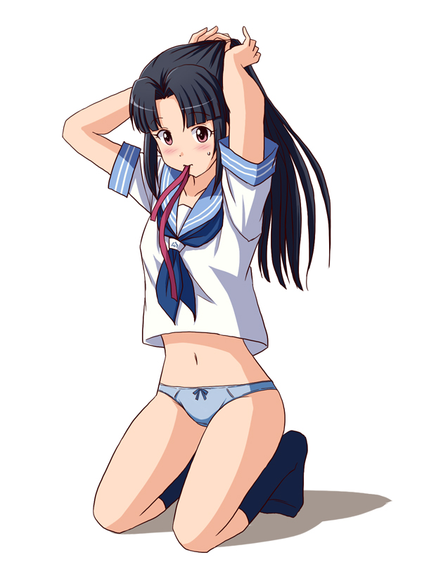 1girl, arms_up, black_hair, black_socks, blouse, blue_neckwear, blue_panties, blue_sailor_collar, bow, bow_panties, brown_eyes, commentary_request, full_body, hair_ribbon, idolmaster, idolmaster_cinderella_girls, kneeling, lielos, long_hair, looking_at_viewer, mizuno_midori, mouth_hold, no_pants, panties, parted_bangs, red_ribbon, ribbon, ribbon_in_mouth, sailor_collar, school_uniform, serafuku, shadow, shirt, short_sleeves, simple_background, socks, solo, tying_hair, underwear, white_background, white_shirt