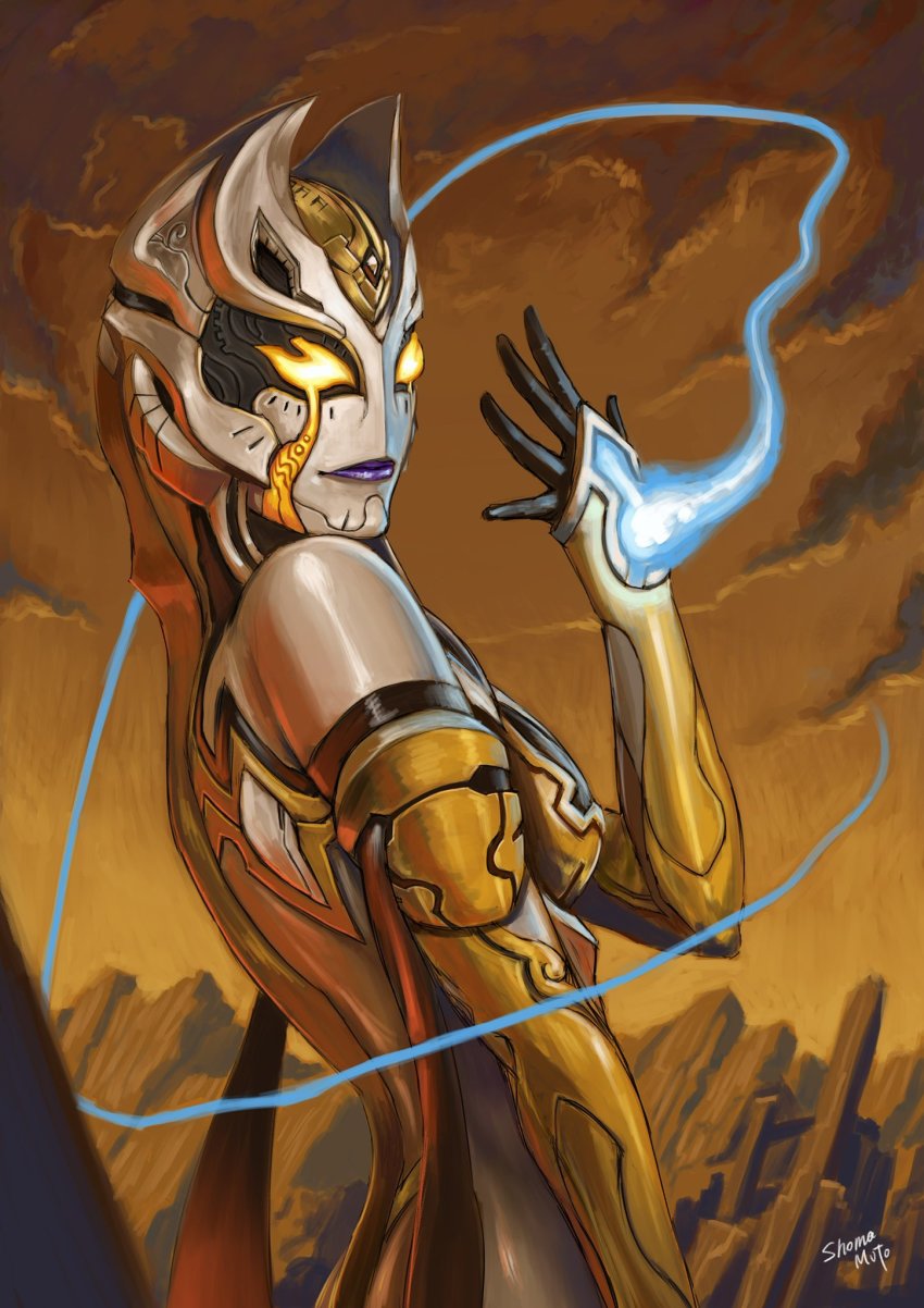 1girl, alien, arm_scarf, artist_name, breasts, carmeara, carmeara_whip, cloud, energy, energy_weapon, energy_whip, giant, giantess, glowing, highres, horns, ice, ice_weapon, ice_whip, kaijin, lips, mountain, muto_shoma, seijin, signature, sky, solo, superhero_costume, tokusatsu, ultra_series, ultraman_trigger_(series), upper_body, weapon, whip, yellow_eyes