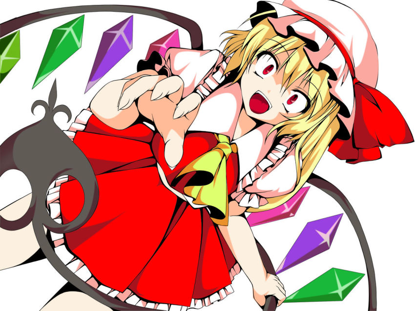 1girl, blonde_hair, colorized, crazy_eyes, female_focus, flandre_scarlet, hat, kamiya_tomoe
