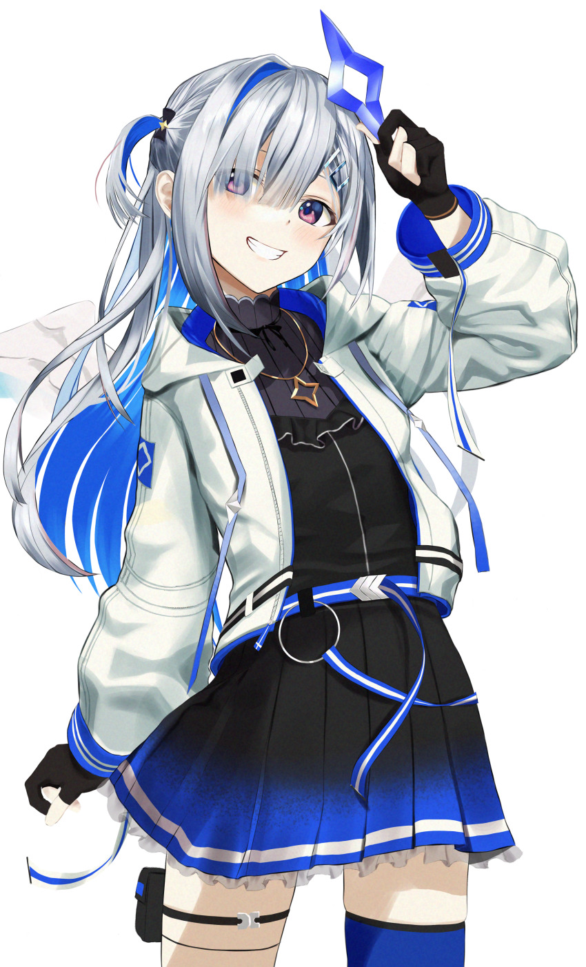 1girl, absurdres, adjusting_halo, amane_kanata, amane_kanata_(work), angel, angel_wings, arm_at_side, belt, black_dress, black_gloves, blue_belt, blue_dress, blue_hair, blue_thighhighs, colored_inner_hair, dress, feathered_wings, gloves, gradient_clothes, gradient_dress, grin, hair_ornament, hair_over_one_eye, hairclip, halo, highres, hololive, jacket, jewelry, kemo_(kekekekemo), long_hair, long_sleeves, looking_at_viewer, mini_wings, multicolored_hair, necklace, open_clothes, open_jacket, partially_fingerless_gloves, pleated_dress, pouch, puffy_long_sleeves, puffy_sleeves, purple_eyes, short_dress, silver_hair, simple_background, single_hair_intake, single_thighhigh, smile, solo, star_(symbol), star_halo, star_necklace, thigh_pouch, thigh_strap, thighhighs, two_side_up, virtual_youtuber, white_background, white_jacket, white_wings, wings