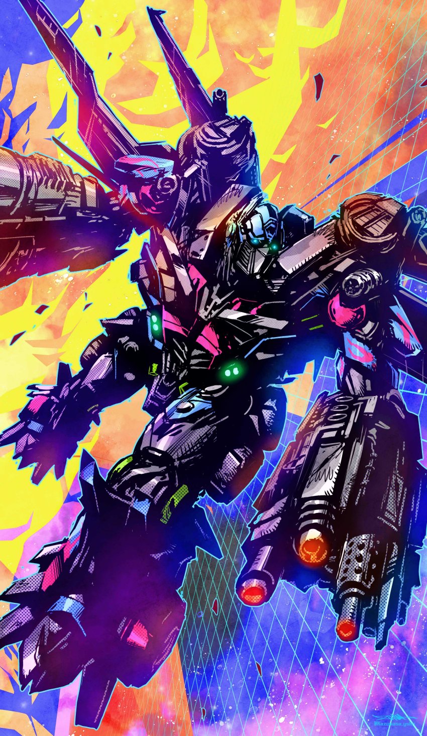 1boy, absurdres, arm_cannon, autobot, blue_eyes, highres, looking_to_the_side, mecha