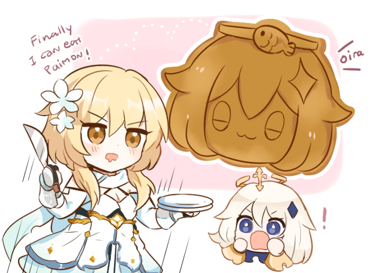 !, 2girls, :o, black_eyes, blonde_hair, breasts, chibi, cleavage