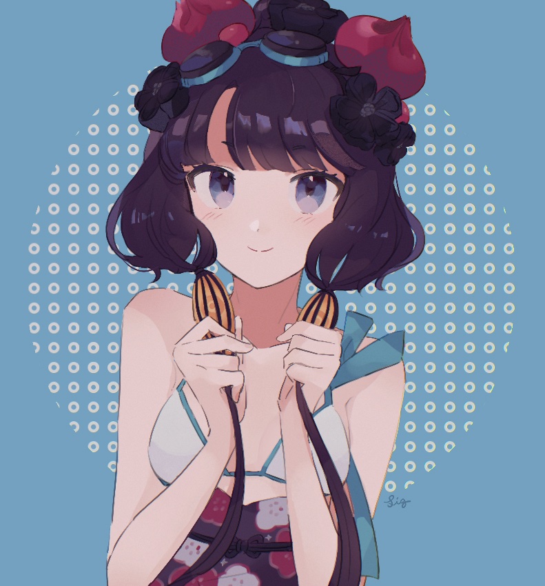 bikini, black_hair, blue_eyes, fate/grand_order, fate_(series), floral_print, flower, goggles, goggles_on_head, hair_flower, hair_ornament, katsushika_hokusai_(fate), katsushika_hokusai_(swimsuit_saber)_(fate), meloettta, patterned_background, solo, swimsuit, white_bikini