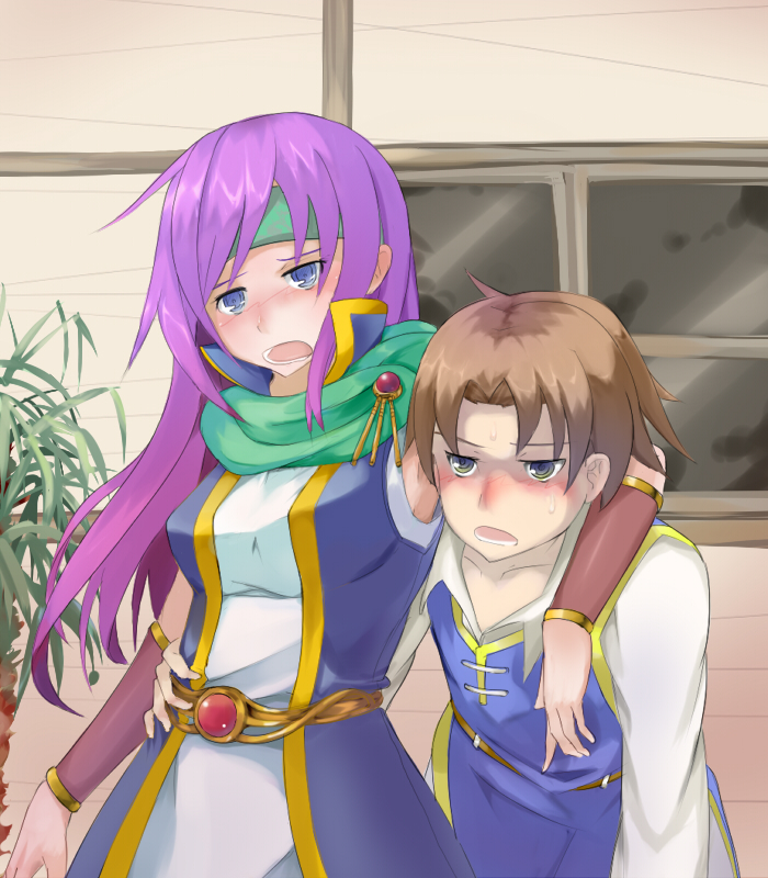 1990s_(style), arm_around_neck, belt, blue_eyes, blush, brown_hair, bartz_klauser, drunk, faris_scherwiz, final_fantasy, final_fantasy_v, grey_eyes, headband, long_hair, pin_(object), purple_hair, scarf, sheena_maru, short_hair, tomboy